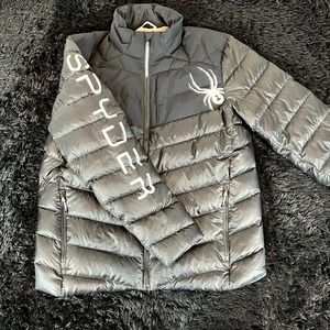 black spyder puffer jacket with spyder sleeve spellout size large